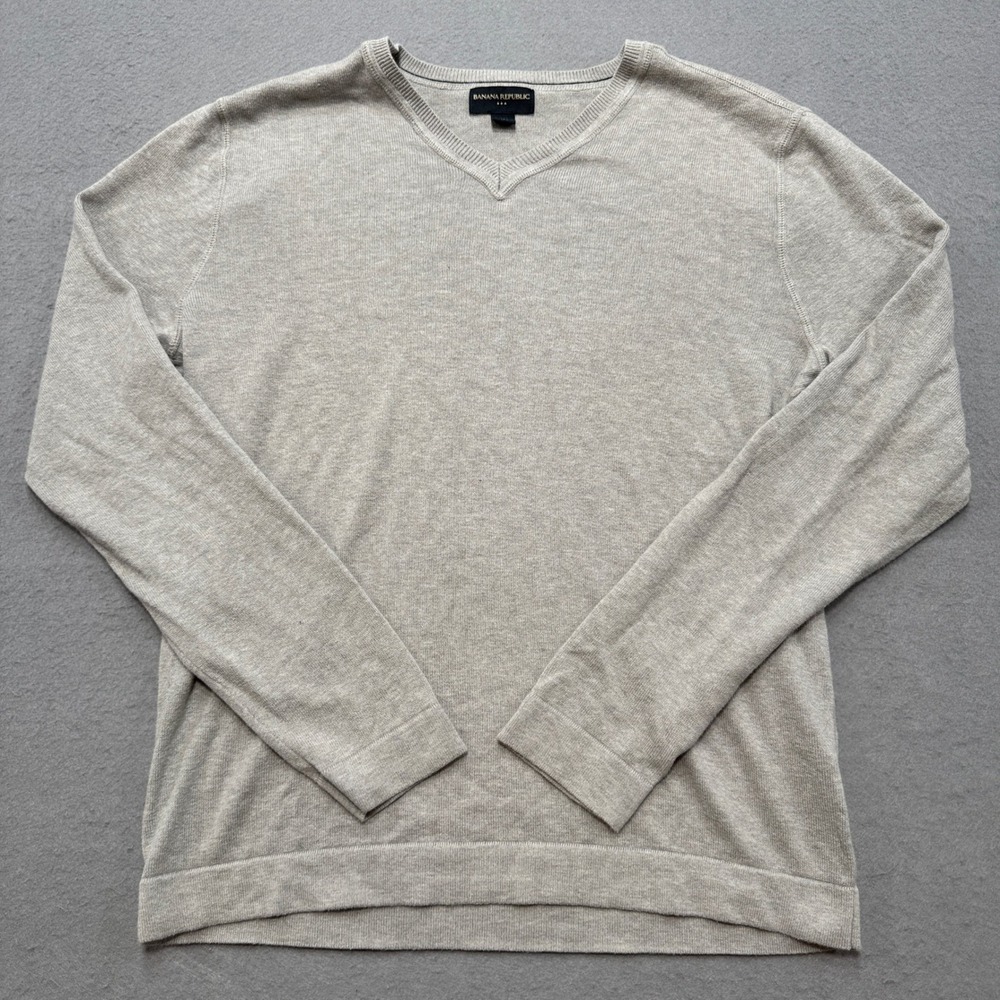 Banana Republic Sweater Mens Medium Gray V-Neck Cotton Knit Pullover Lightweight